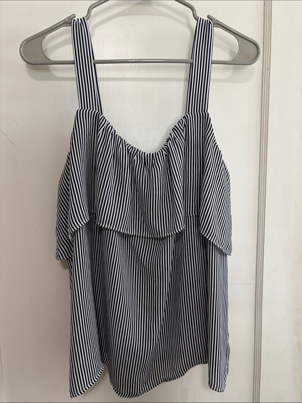 LOFT Black and White Striped Ruffle Camisole